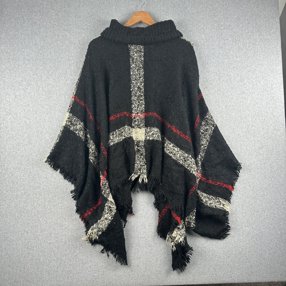 Marc New York Poncho Womens L/XL Andrew Marc Black Plaid Fringed Cowl Neck Wrap